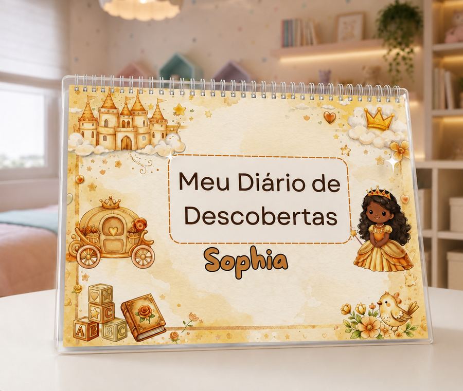 Exemplo de Diário de Descobertas personalizado, tema dourado